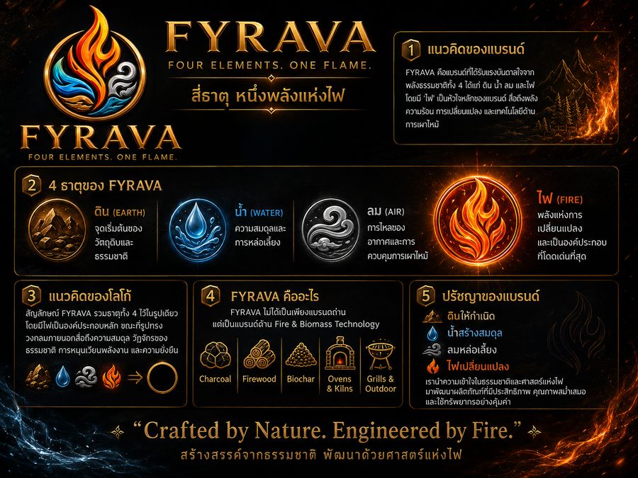 แผ่นแนวคิดแบรนด์ FYRAVA แสดงธาตุทั้งสี่ ความหมายของโลโก้ และปรัชญาของแบรนด์