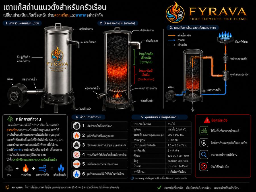 แผนผังโครงสร้างและการทำงานของเตาแก๊สถ่านแนวตั้ง FYRAVA