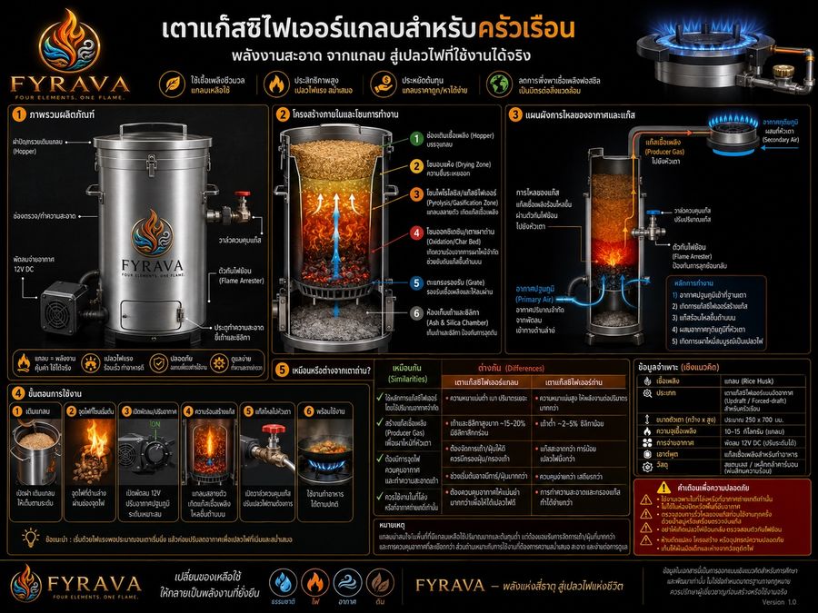 แผนผังโครงสร้างและการทำงานของเตาแก๊สซิไฟเออร์แกลบ FYRAVA