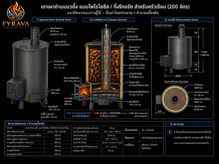 แบบเตาเผาถ่านแนวตั้งแบบไพโรไลซิสกึ่งรีทอร์ท 200 ลิตร FYRAVA แสดงภาพตัดขวางและขนาด